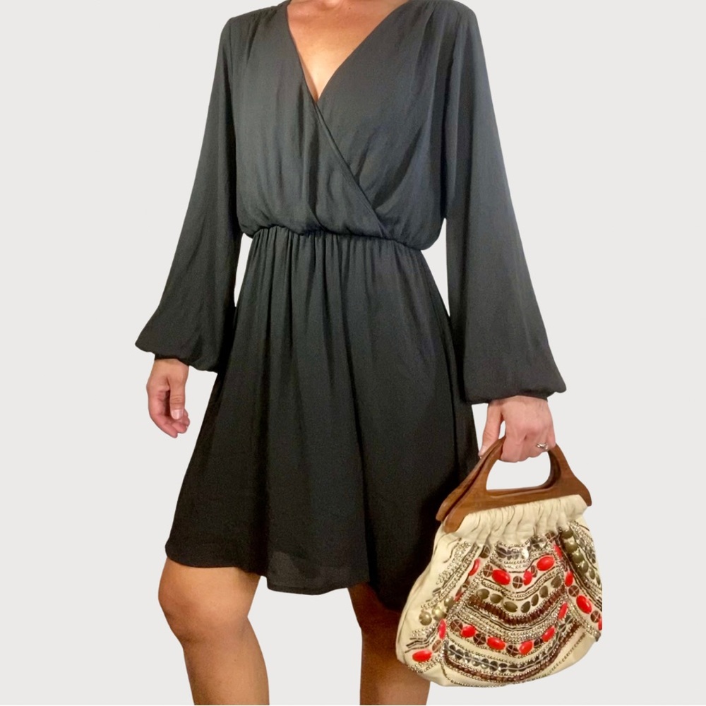 Nordstrom Lush Elegant Black Long Sheer Sleeve Mock Wrap Dress